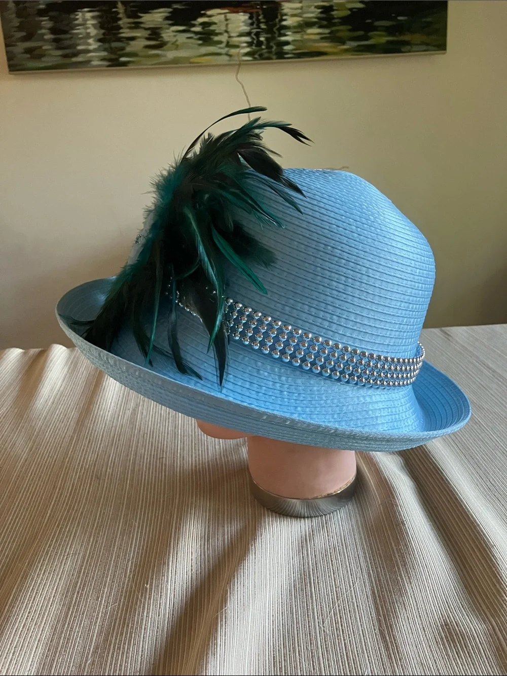 Chic Teal Feather Floral Accent Wide-Brim Hat